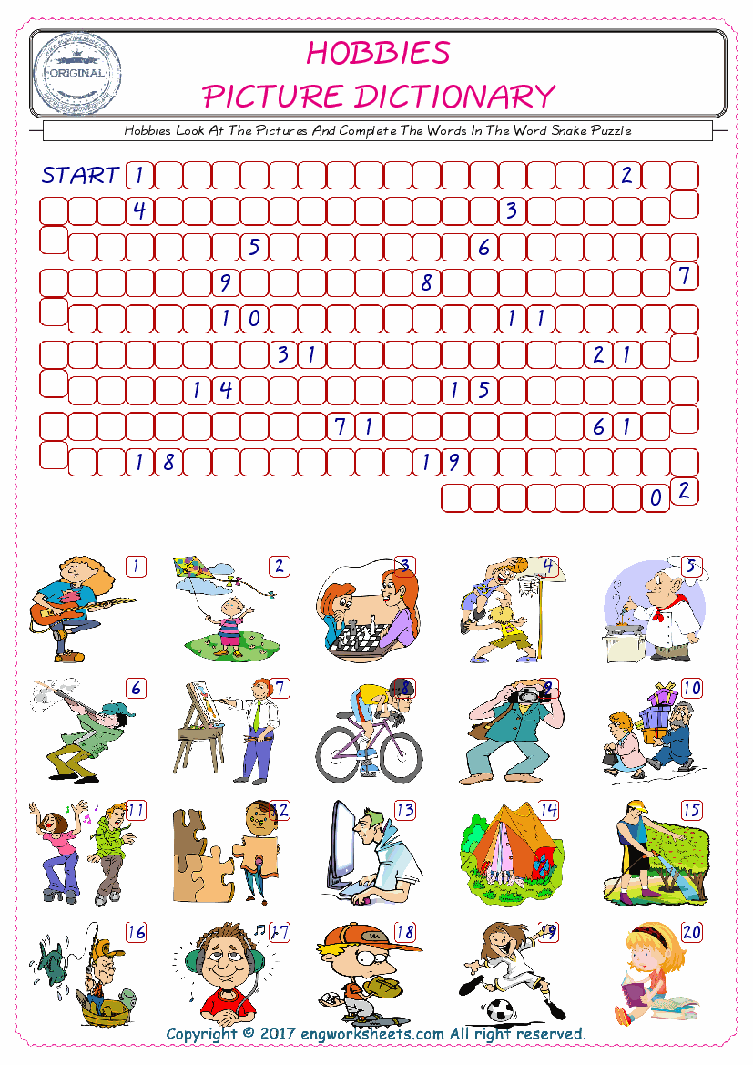  Check the Illustrations of Hobbies english worksheets for kids, and Supply the Missing Words in the Word Snake Puzzle ESL play. 